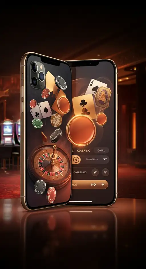 Een smartphone en tablet waarop de mobiele interface van Golden Panda Casino te zien is, met diverse slots en het live casino scherm. De apparaten liggen op een tafel en symboliseren de flexibiliteit van het PWA-platform van Golden Panda.